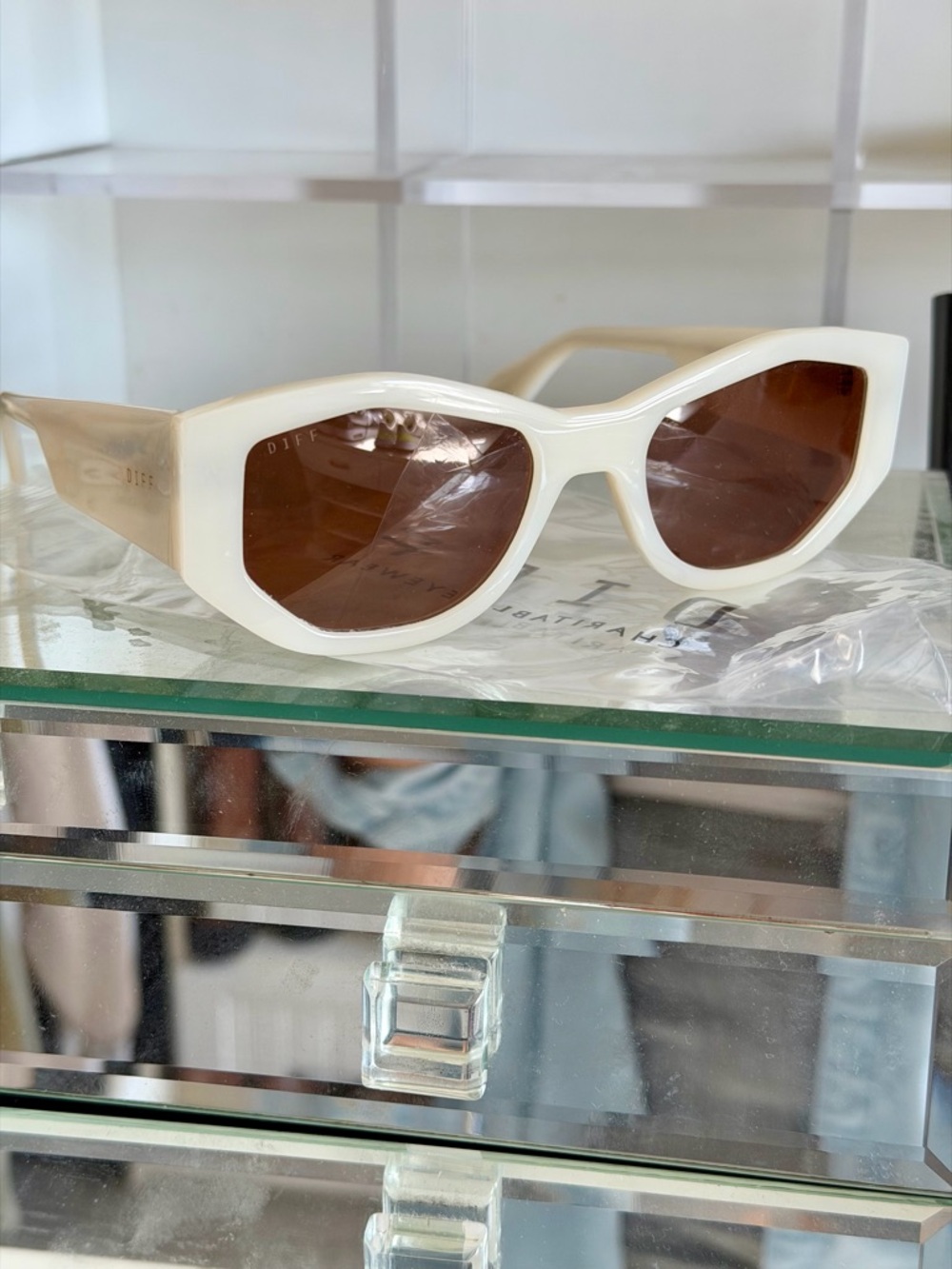 DIFF Zoe Eyewear Cream Angular Sunglasses with Brown Lenses